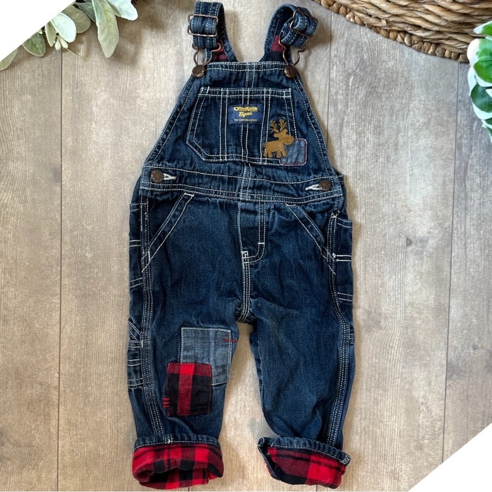 Oshkosh B’Gosh Boys Reindeer + Buffalo Plaid Dark Denim Roll Up Overalls 12M